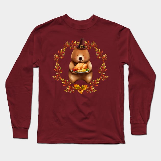 Thanksgiving Bear With Turkey Dinner Long Sleeve T-Shirt by TNMGRAPHICS